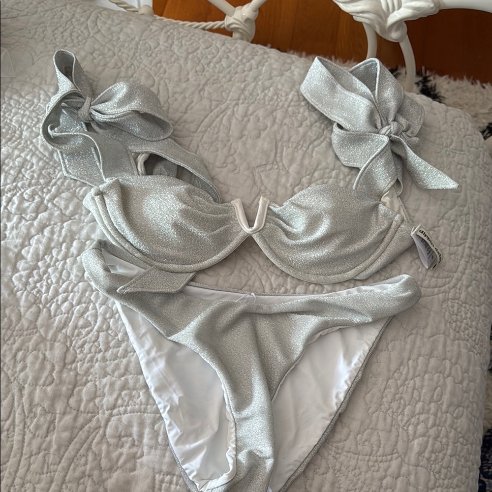 Silver Bikini Set with Bow Straps
